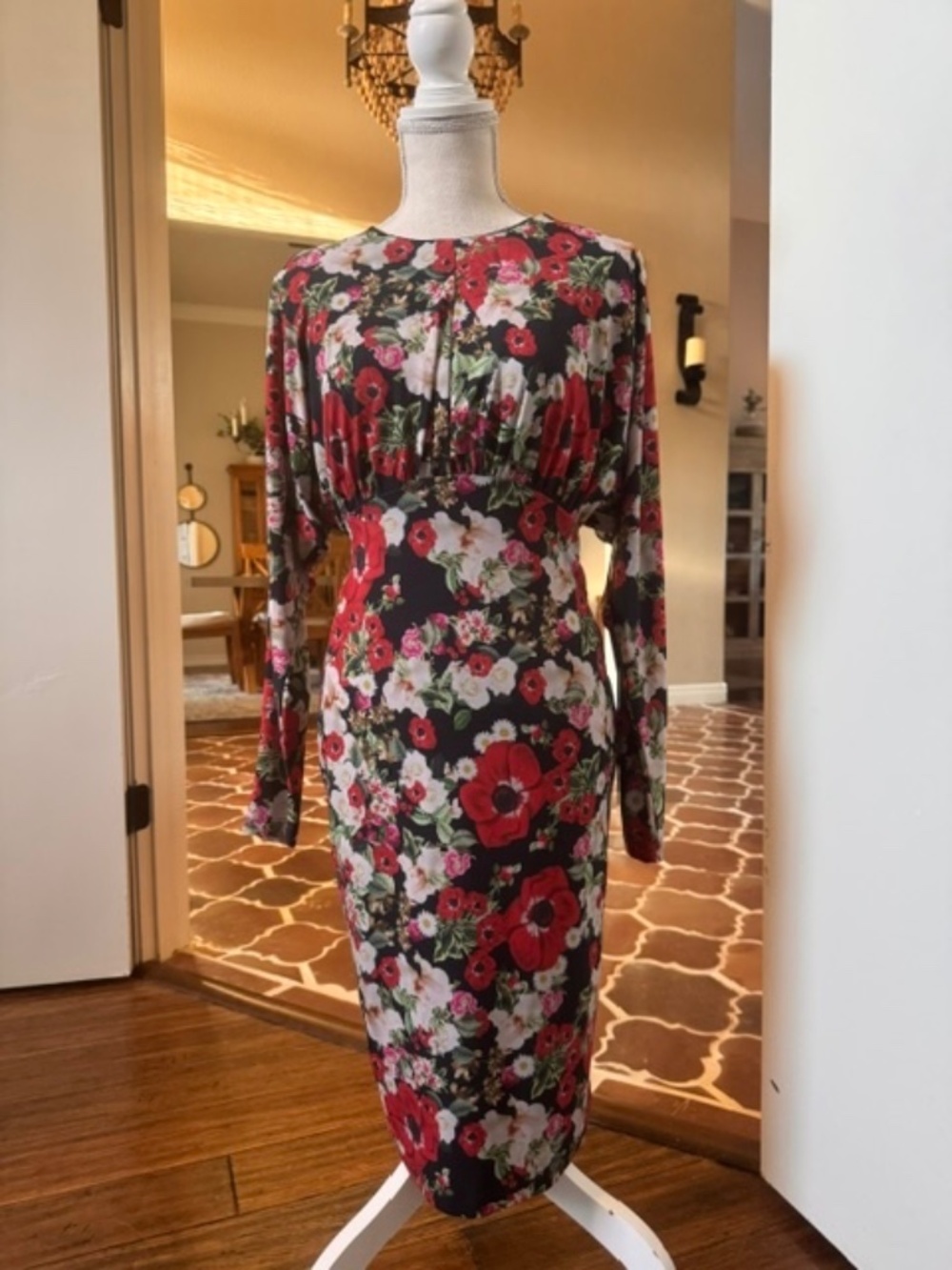 Alexia Admor Black Red Floral Long Sleeve Midi Dress Wedding Guest - Small